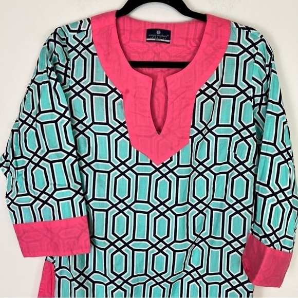 Simply Southern Shirt womens medium Tunic Top Coverup Dress Pink Turquoise - Picture 2 of 10